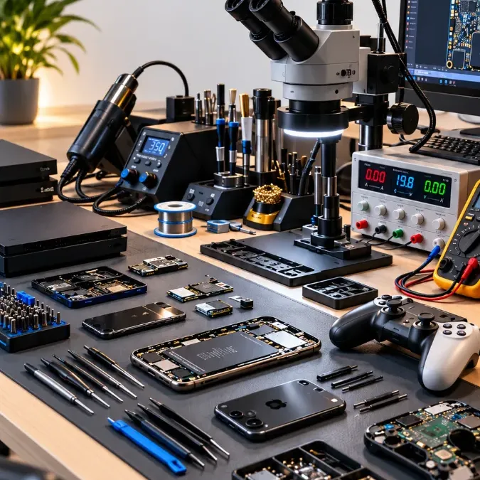Bancada de assistência técnica da Just For Fun com controle de PS5, console, celulares e microscópio de reparo